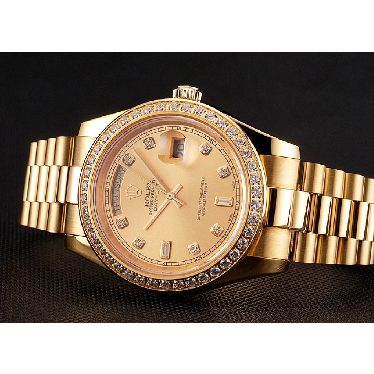 Aaa replica watch Dial 1454099 Swiss Bracelet Diamond Day-Date Bezel Gold Champagne Rolex 0730